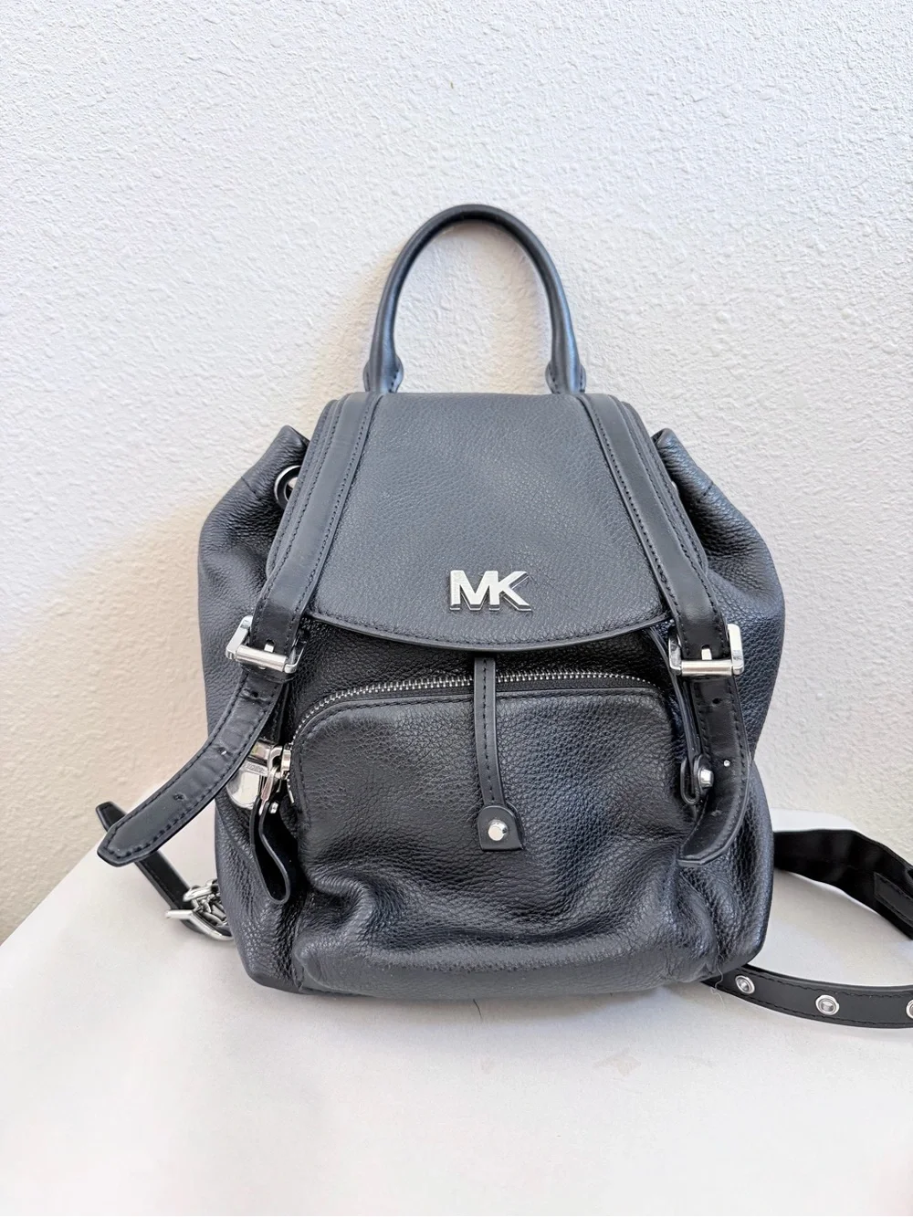 Michael Kors Mini Leather Backpack Black Drawstring Silver Hardware